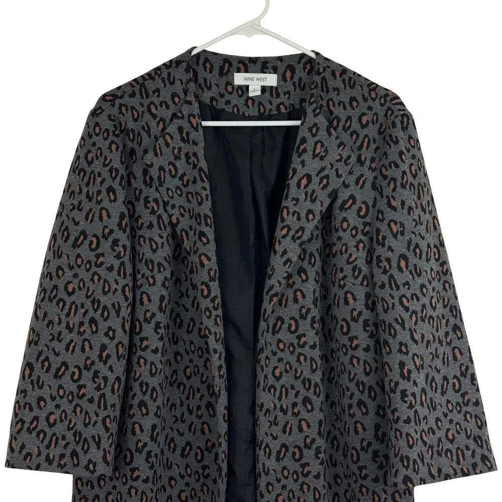 Nine West Gray Leopard‎ Print Open Front Coatigan Cardigan Jacket Chic